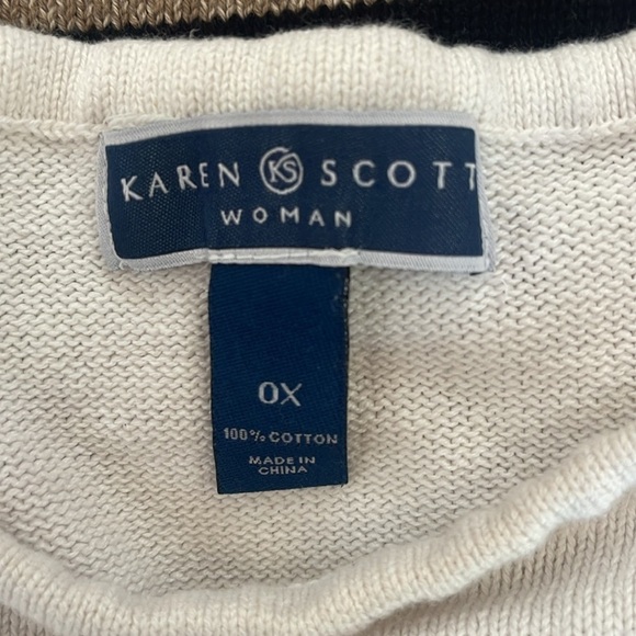 Karen Scott tan, cream and black striped sweater with gold zipper detail. OX - Picture 8 of 9